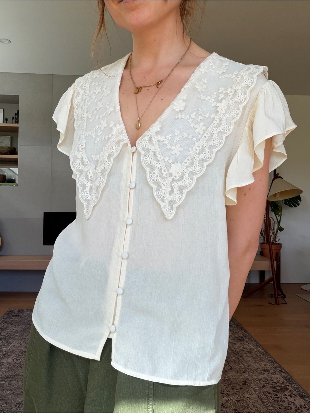 Zara Cream Lace Collar Button-Front Blouse - Picture 5 of 12